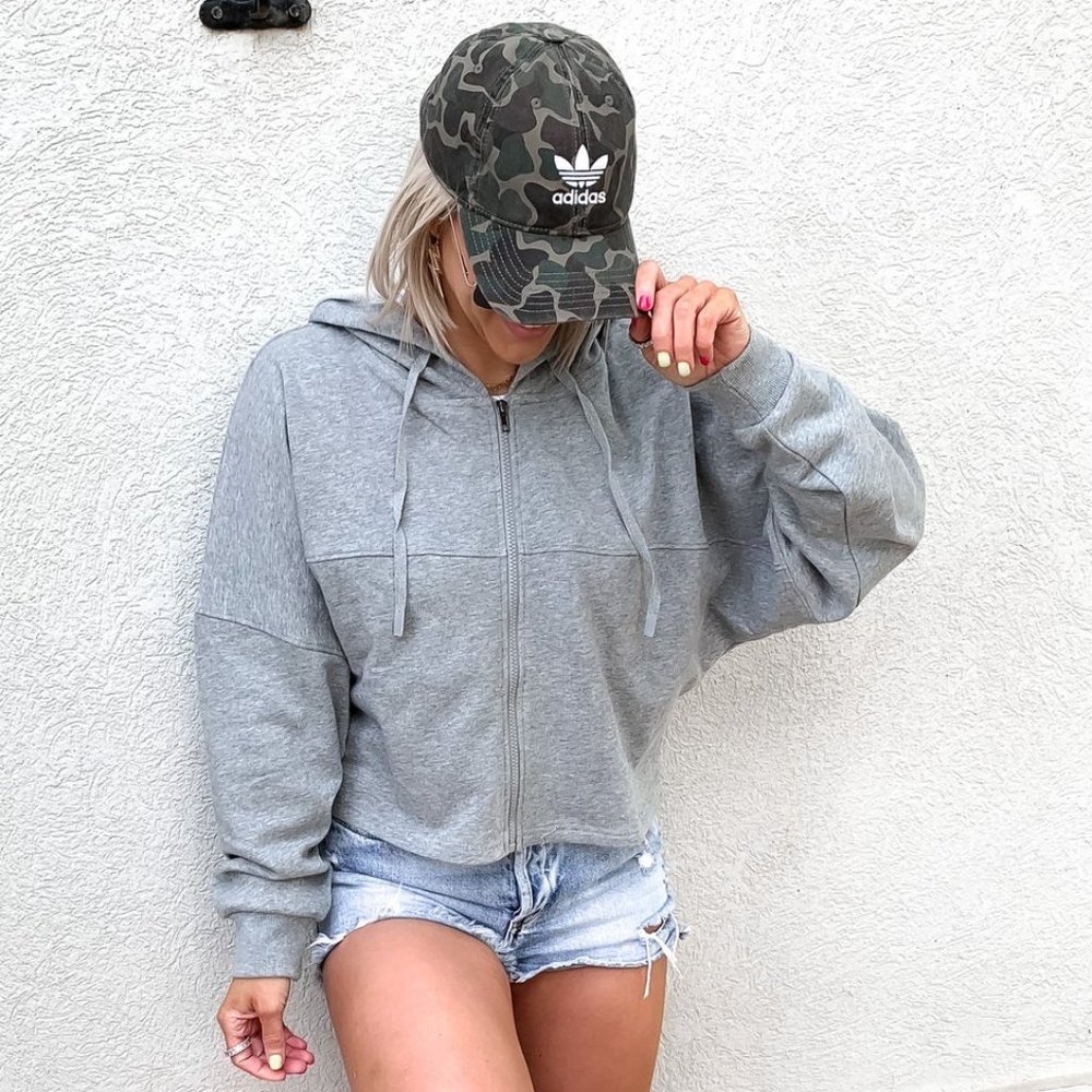 Grey Cropped Zip Up Hoodie